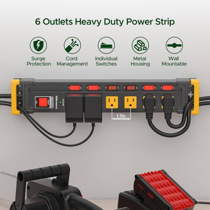Rocket Socket Technology - Wholesale Power Adapter - GREENBOX Mountable Heavy Duty Metal Power Strip, Multi-Outlet (6-12), Recessed Individual Switches, 3300J Surge Protector,Integrated Cable/Card Holder, 6FT Flat Plug Cord, ETL Listed3