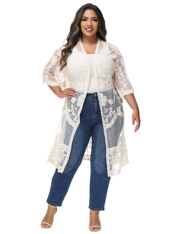 Anna Kaci Wholesale - Wholesale Cardigan - Women's - Women's Plus Size Lace Cardigan Open Front Floral Cardigan