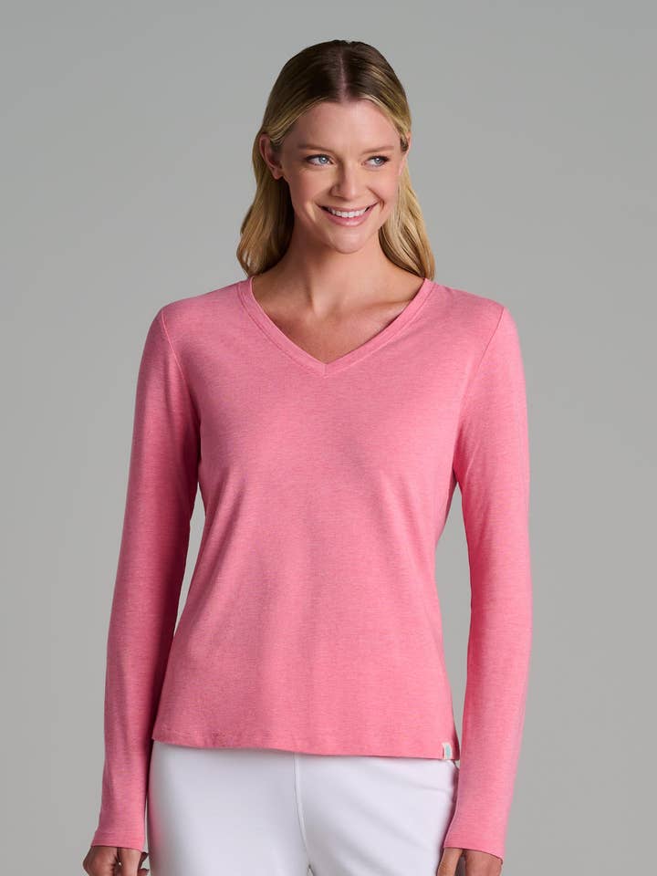 Women's V-Neck Long Sleeve T-Shirt | Flamingo Pink Heather for wholesale by Coolibar