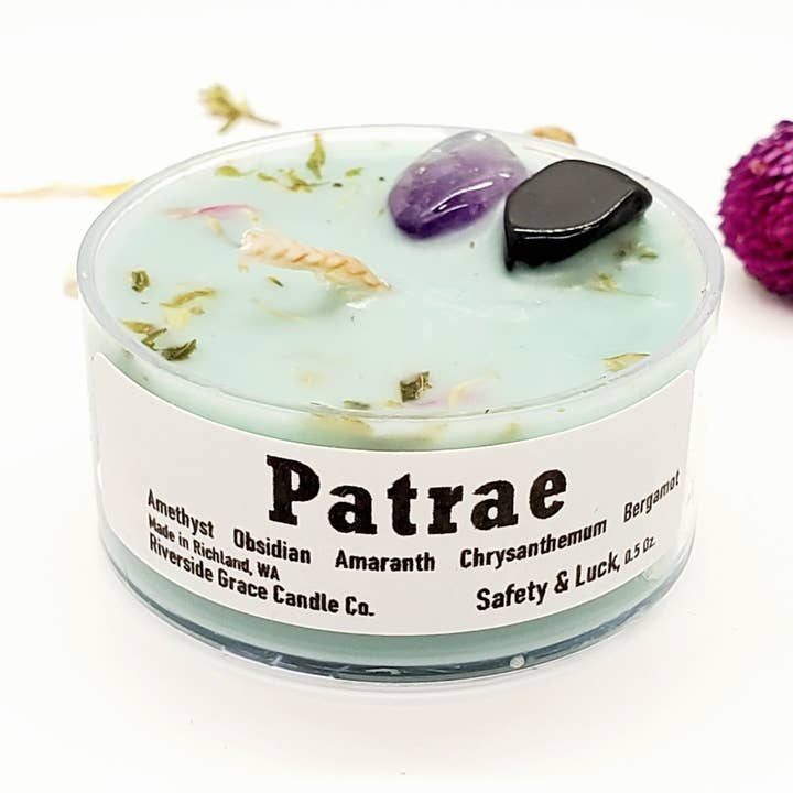Patrae Crystal Tealight (0.5 oz) - Safety & Luck for wholesale by Riverside Grace Candle Co.