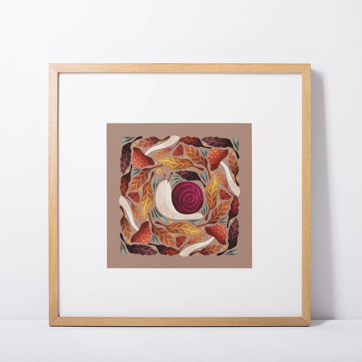 Snail and Mushrooms 4x4 Art Print for wholesale by Kristin Heldt Art