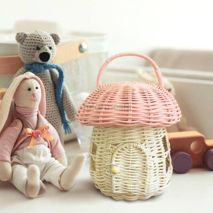 heartnests - Wholesale Doll accessory kit – Kids - Pinky Mushroom House Rattan Doll House Rattan Doll Wicker Mini House4