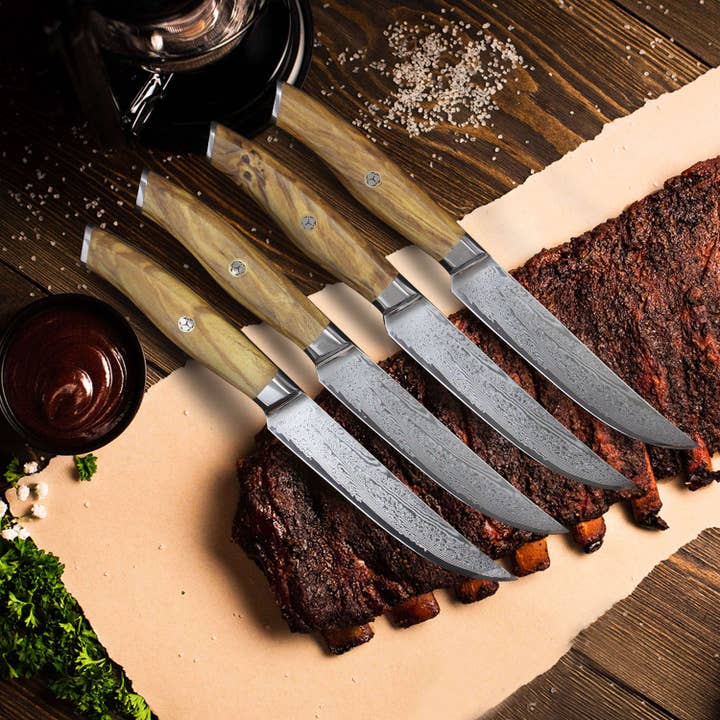 Ginza Steel - Wholesale Knife Set - Ginza Steel AMELIA Five – 4-Piece VG10 Damascus Steel Steak Knife Set with Wood Block3