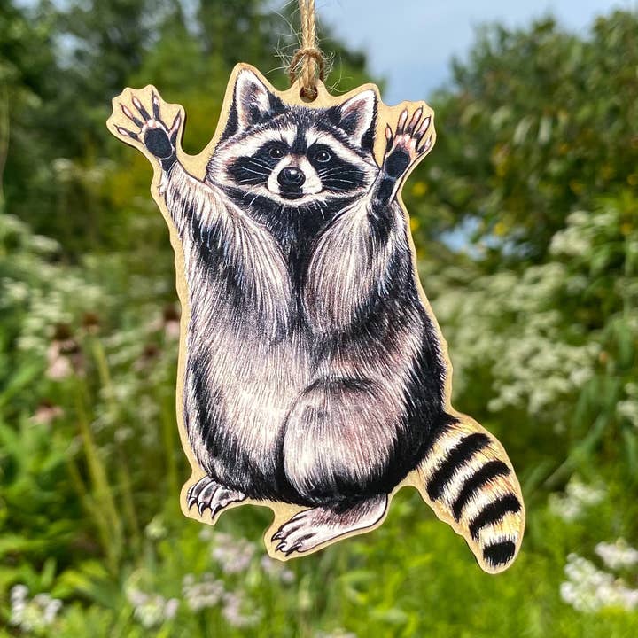 Raccoon Wood Print Christmas Ornament for wholesale by Allison Stoiser Art
