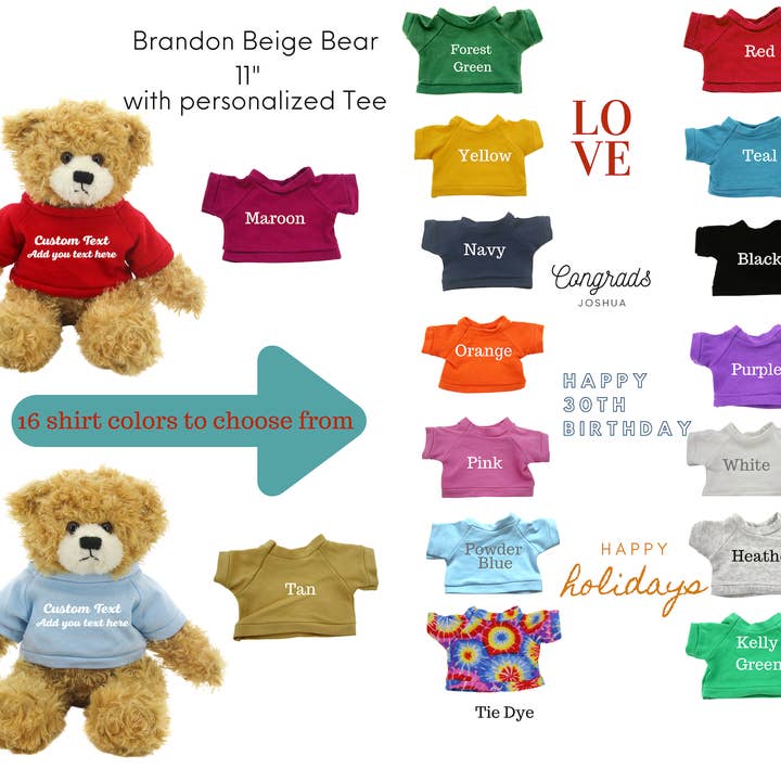 Customized Beige Brandon Bear with tee shirt, sitting, 11 for wholesale on Faire