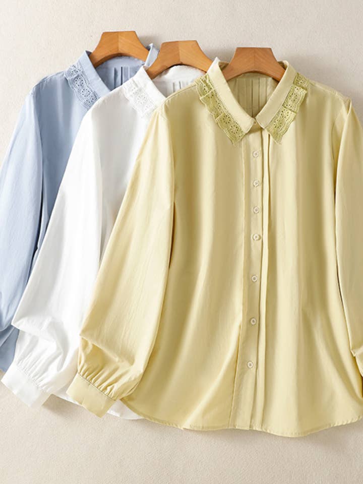 Women's Versatile Artistic Lace Trim Collared Shirt for wholesale by Whisper Mint