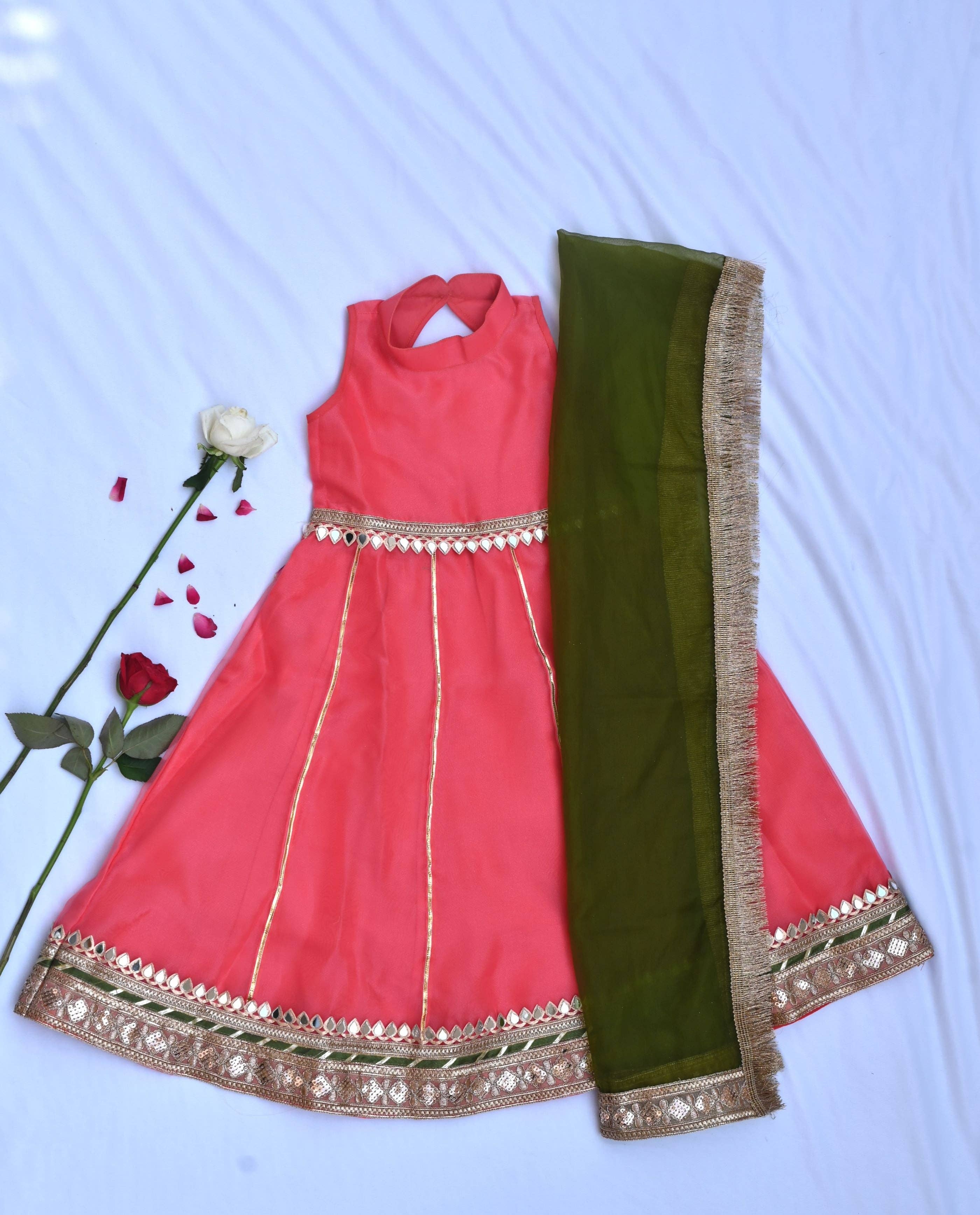 House of Amaya – wholesale Dress – Kids – Coral long dress for girls with green dupatta2