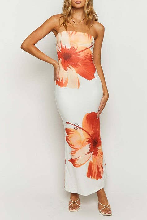 White Hawaii Hibiscus Floral Bandeau sleeveless tube dress for wholesale on Faire13