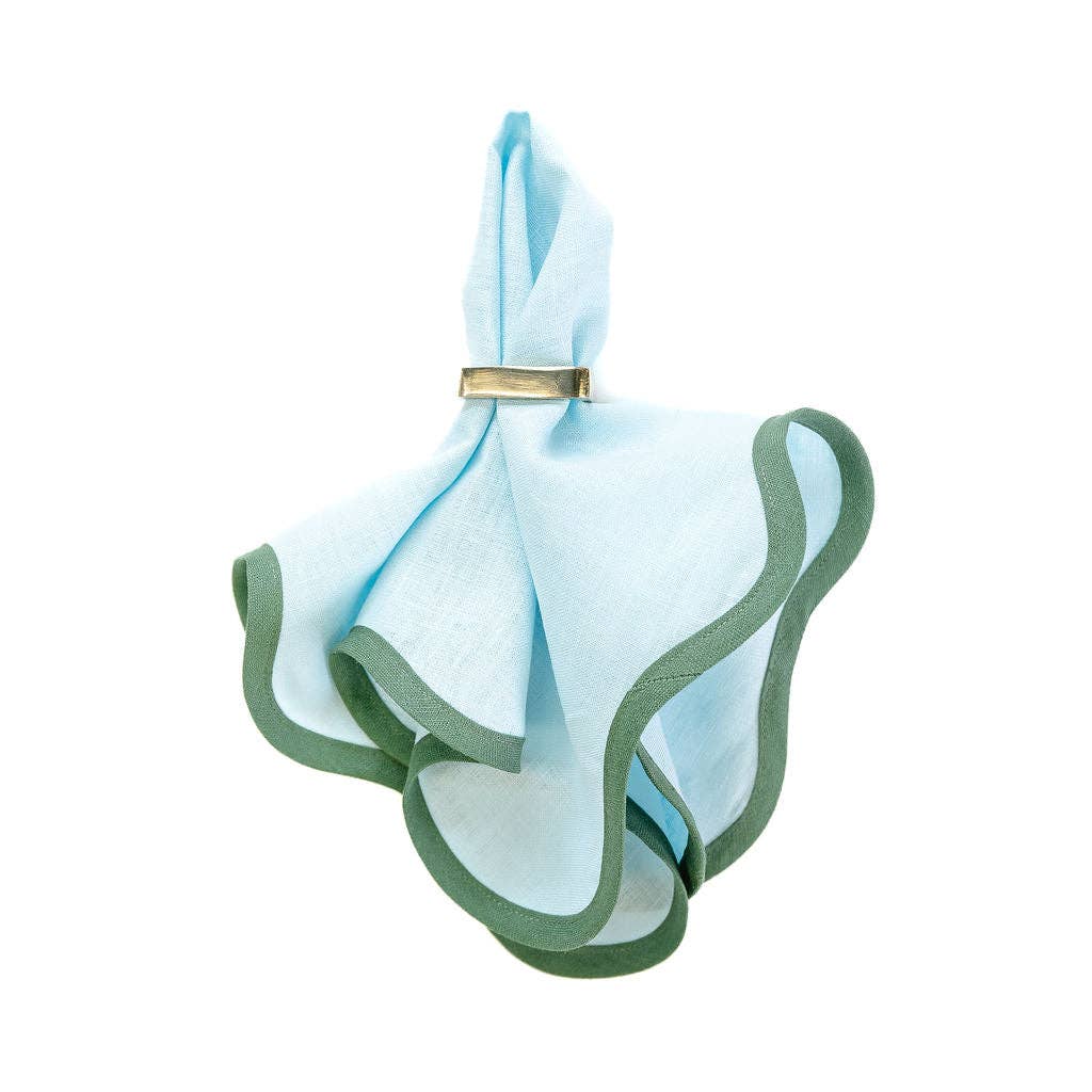 Frances Fields Home, formerly Fenwick Fields - Wholesale Dinner & Cloth Napkin - Linen Scalloped Square | Sky Blue with Pine Green (4-pack)3