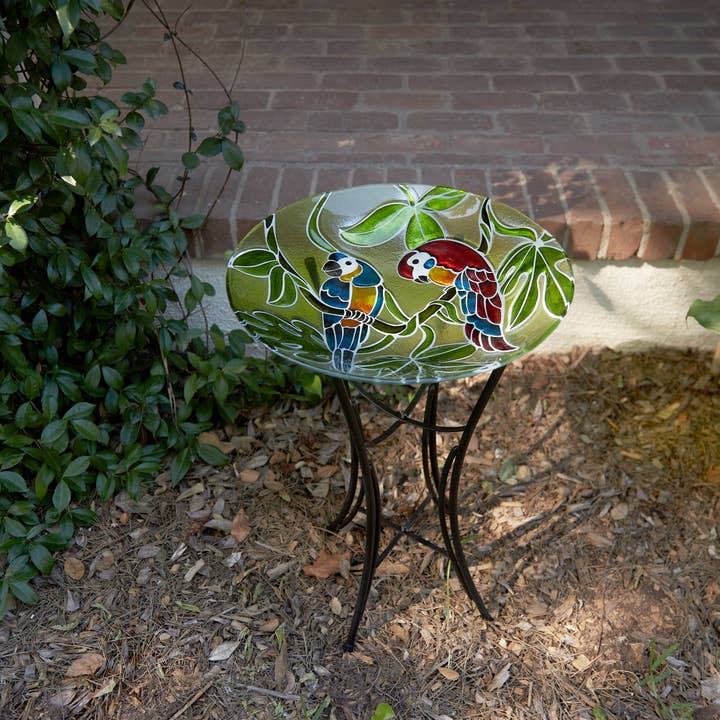 Alpine Corporation - Wholesale Bird Bath - Alpine Corporation 18" Glass Birdbath with Colorful Parrot