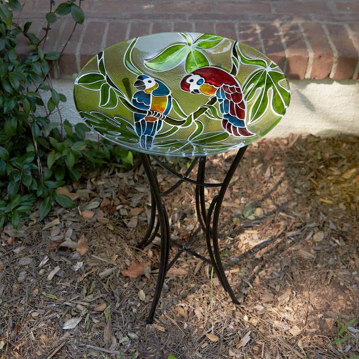 Alpine Corporation 18" Glass Birdbath with Colorful Parrot for wholesale by Alpine Corporation