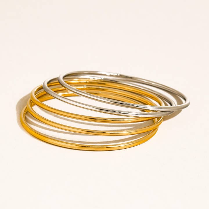 Flânerie by MAIQ - Wholesale Link & Chain Bracelet - Olyss 18K Gold Non-Tarnish Classic Thin Bangle Set6