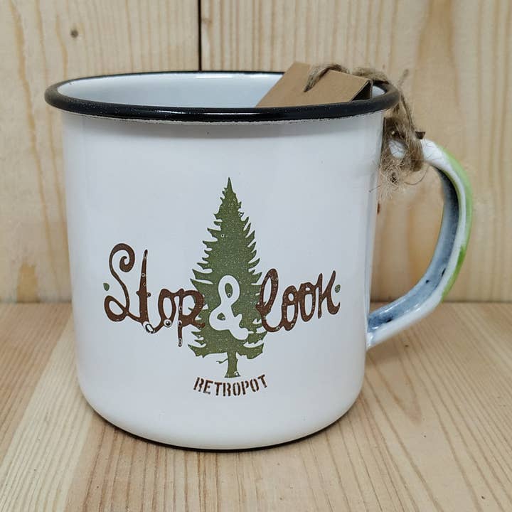 Tasse RETROPOT en acier émaillé au design « Stop & Look » pour la vente par RETROPOT