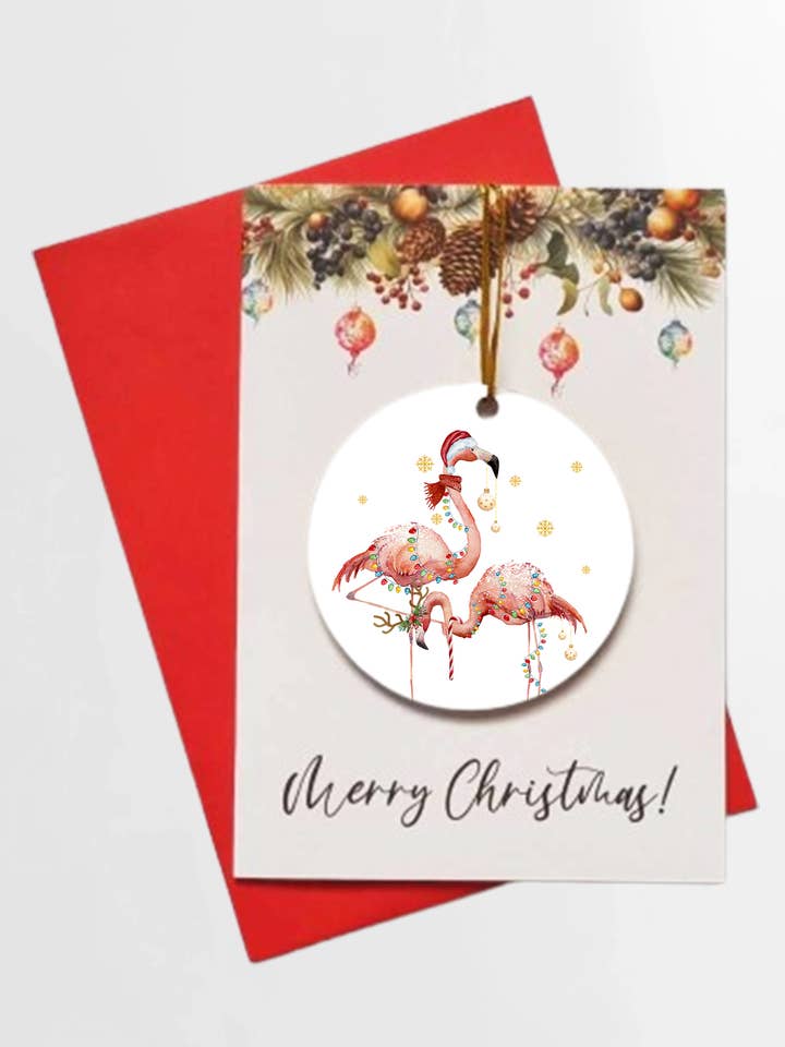 Merry Christmas Christmas Flamingo Card + DETACHABLE BAUBLE for wholesale by Homemade Hollydays Wholesale