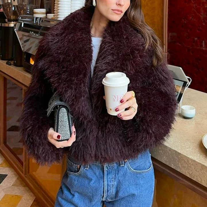 Burgundy Fuzzy Lapel Faux Fur Cropped Coat for wholesale on Faire