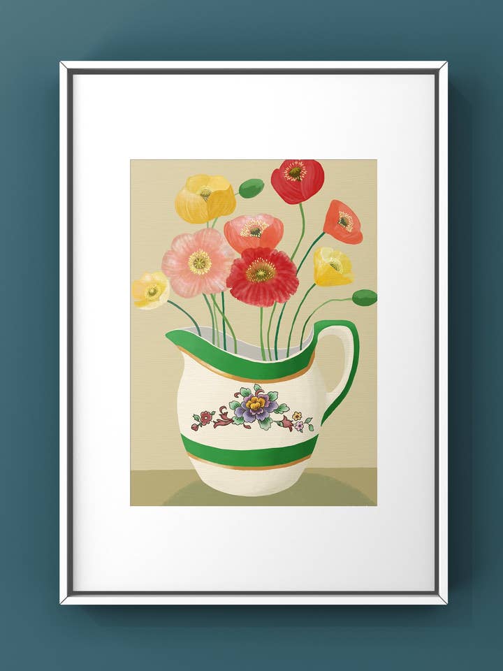 Impresión de amapolas en jarra verde de Susie Hamilton para venta al por mayor de Susie Hamilton Art