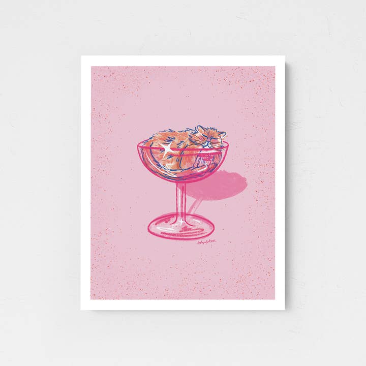 Orange Cat and Coupe Glass Pink Wall Art for wholesale by Art & Design by Shayna Sell