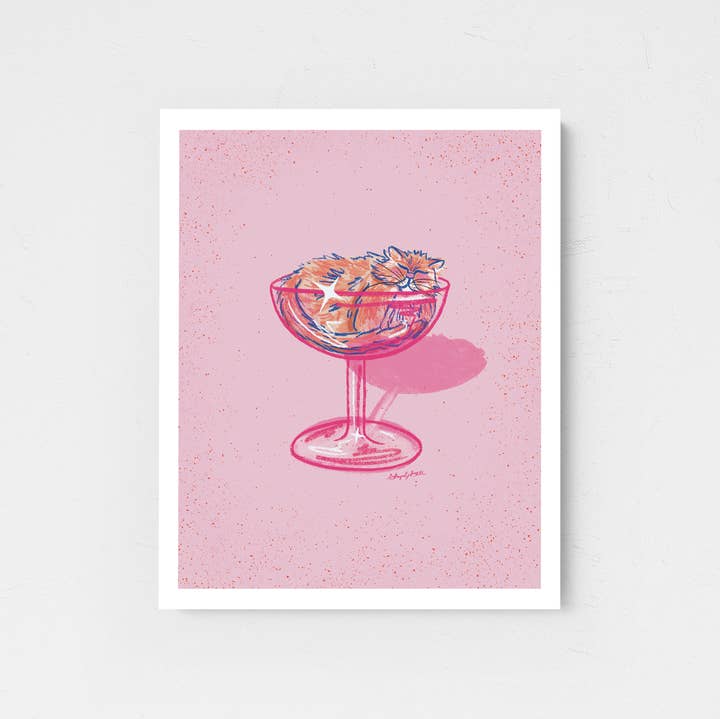 Art & Design by Shayna Sell - Wholesale Art Print - Orange Cat and Coupe Glass Pink Wall Art0