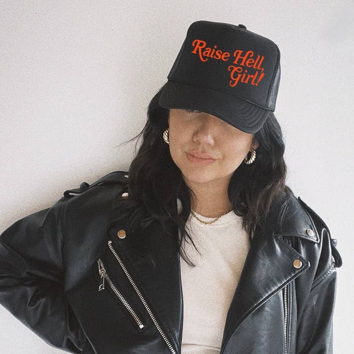 WE THE BABES - Wholesale Trucker Hat - Women's - Raise Hell Girl Feminist Girl Power Trucker Hat - Black