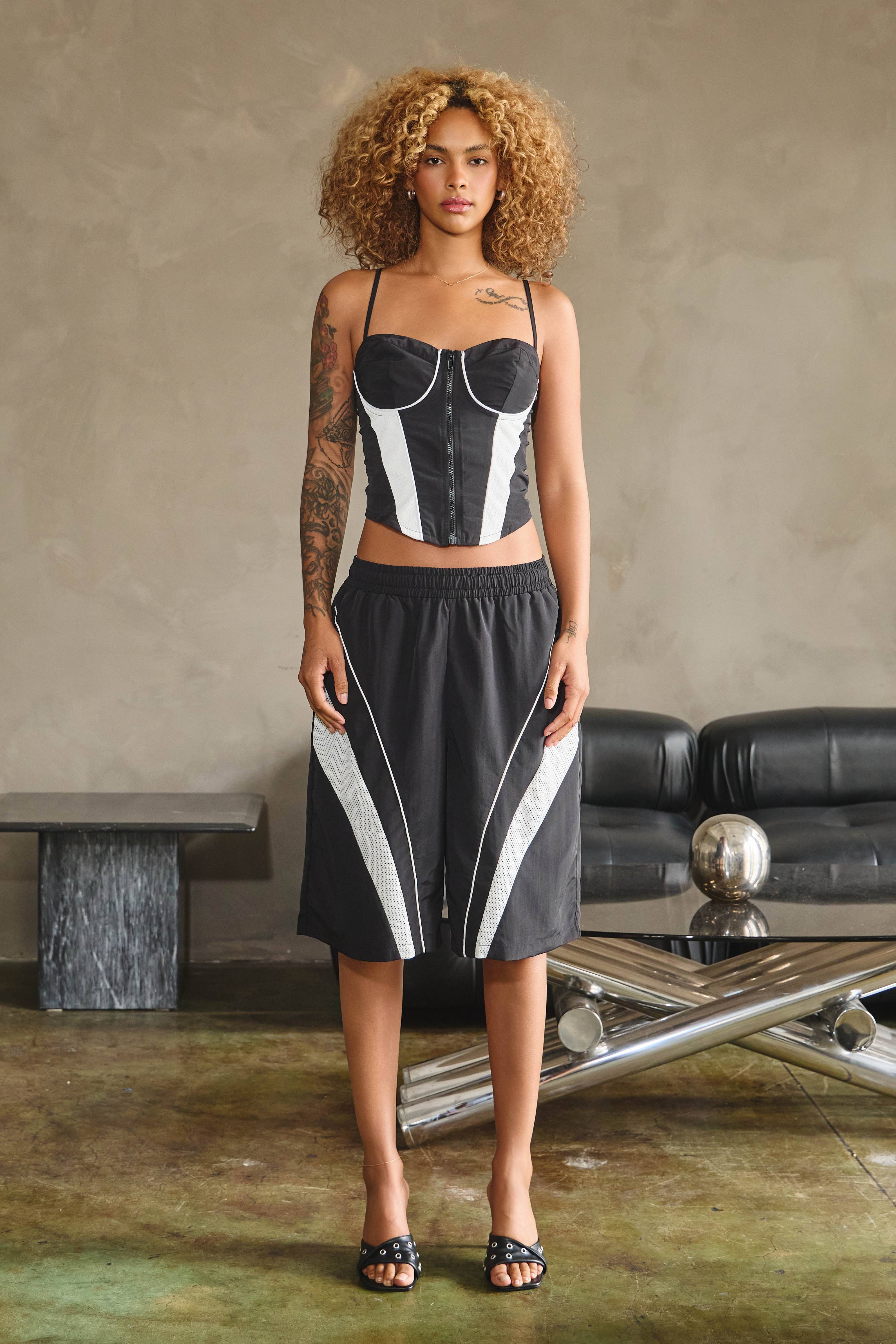 Black Nylon & mesh contrast zip-up cami top for wholesale on Faire2