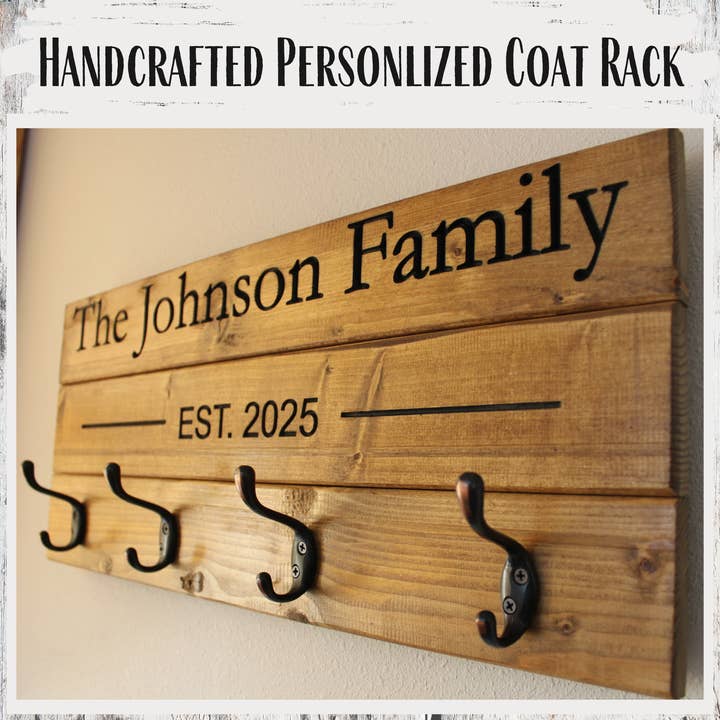 Personalized Family Name Coat Rack with Hooks – Custom Carved, Solid Wood Entryway Organizer for wholesale by Rustic Brook Farm