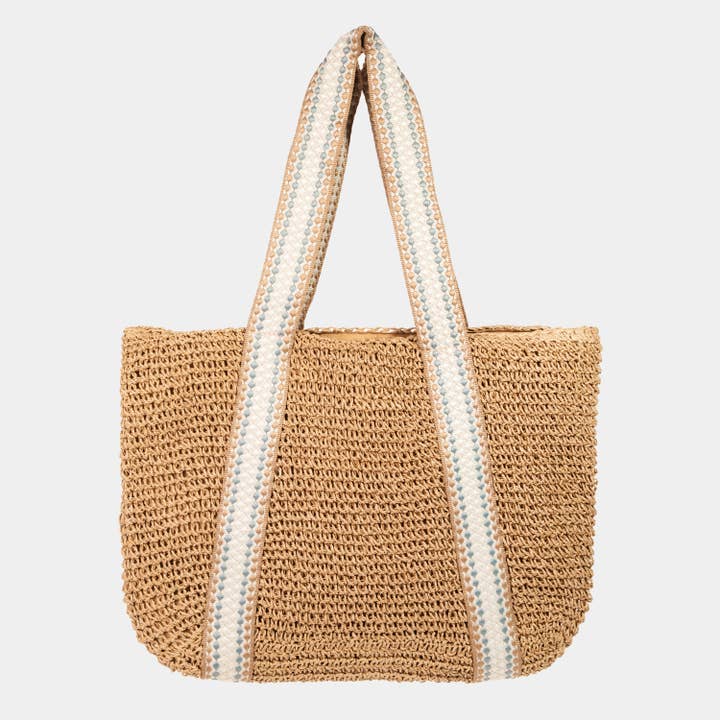 Collections by Fame Accessories - Wholesale Tote Bag - Women's - Embroidered Strap Straw Knit Tote Bag