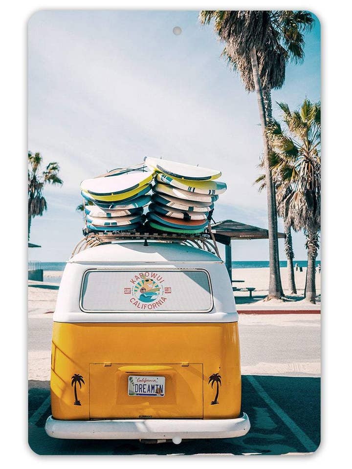 Beach Sign | Volkswagen California Dreamin Surf Van for wholesale by Lone Star Art Metal Signs