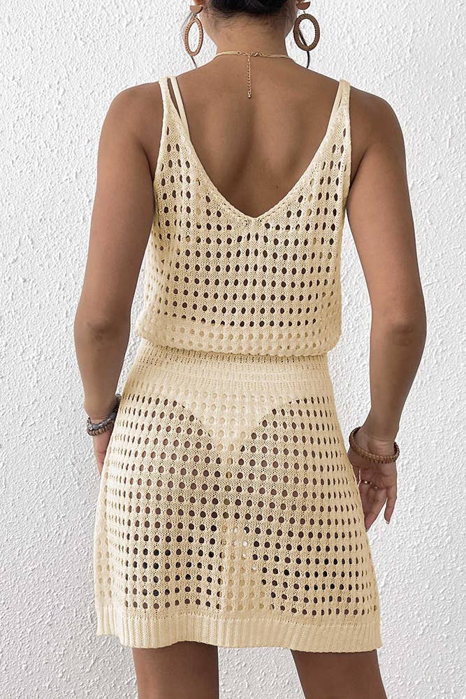 UNISHE - Wholesale Dress - Women's - Knit Waist-Tie Sleeveless Sexy Hollow-Out Beach Dress OYM1569