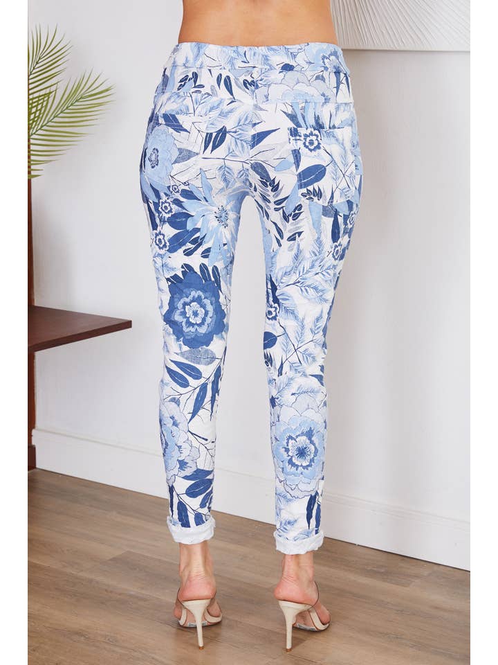 BLUE TROPICAL PRINT CRINKLE JOGGERS (6175-BLUETROPICAL) for wholesale on Faire