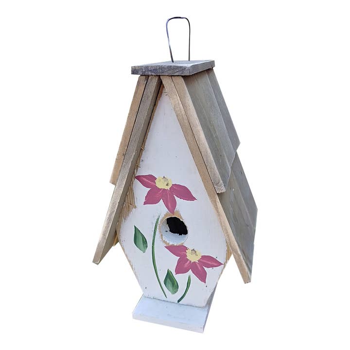 A Frame Birdhouse with Handpainted Flowers & Wood Roof for wholesale by Home Bazaar