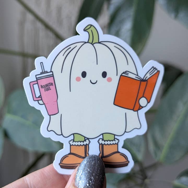 Bookish fuel cute pumpkin ghost sticker for Halloween for wholesale by Moonlit Creations