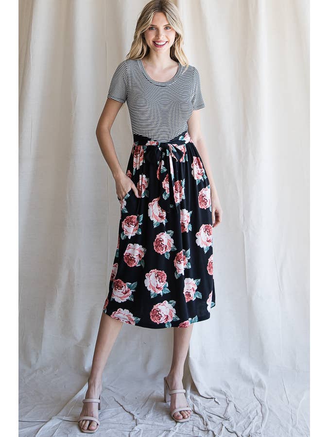 7th Ray - Wholesale Dress - Women's - Floral Waist Tie Short Sleeve A-Line Midi Dress D419918