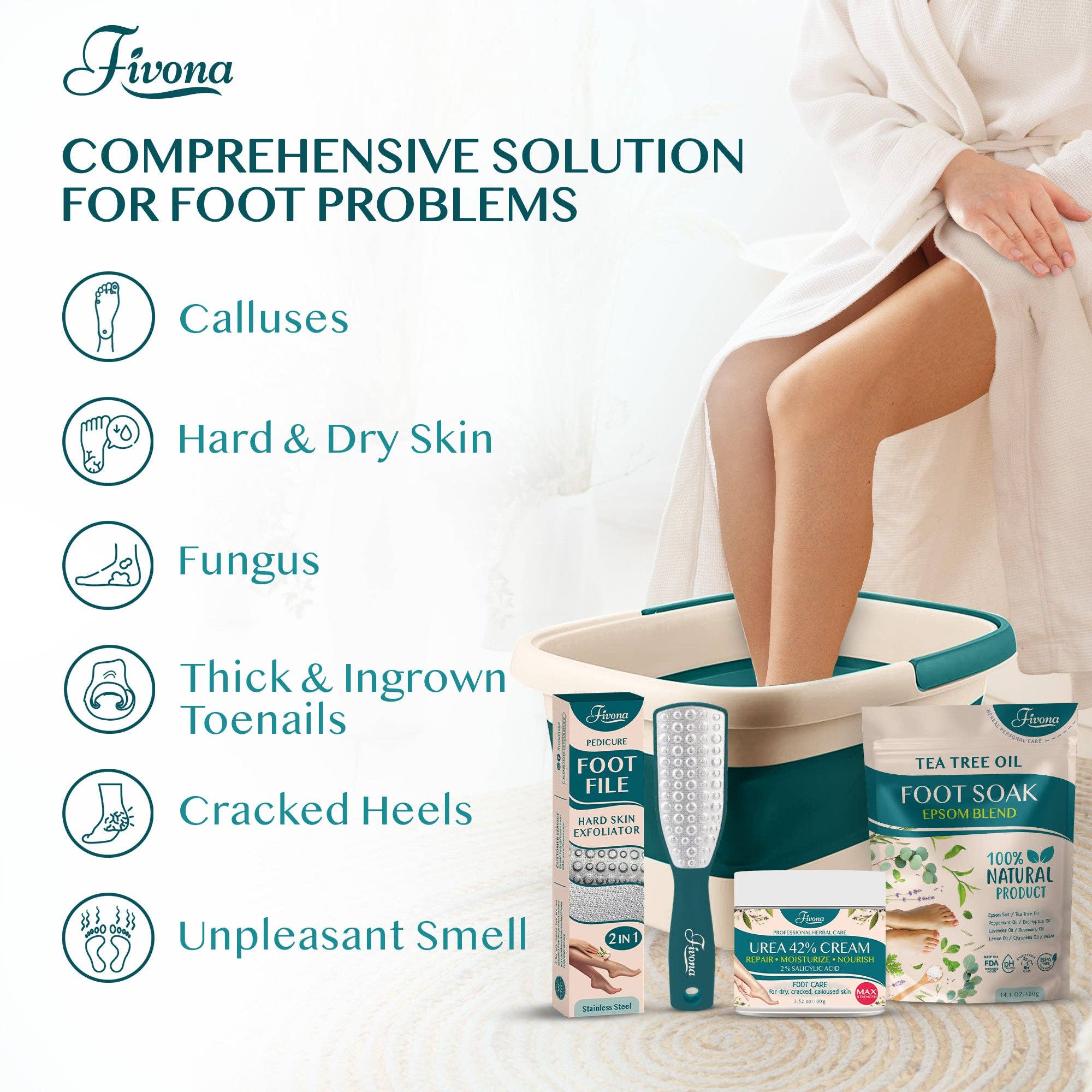 FIVONA - Wholesale Foot Scrub/Polish - Foot Salt Soak Kit 4 in 1 Natural Feet SPA Tea Tree4