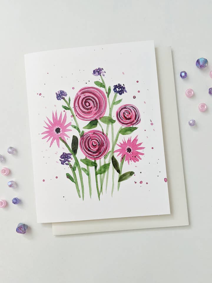 Biglietto di Auguri con Bouquet Floreale Rosa| Biglietto Floreale| Biglietto Generale per la vendita all'ingrosso da parte di Artcolorworks