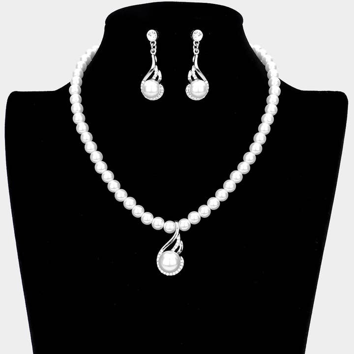 Crystal Rhinestone Pearl Accented Necklace Set for wholesale by Sensibling Corp.