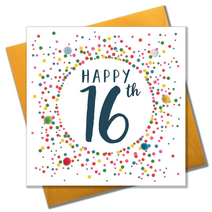 Birthday Card, Dotty 16, 16th, Embellished with colourful pompoms for wholesale by Claire Giles Ltd