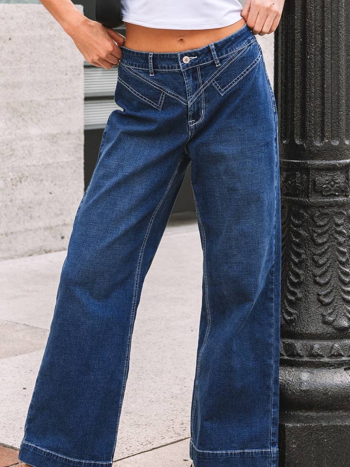 Stitched Waist Detail Loose Cuffed Jeans for wholesale by LiveFashionWay