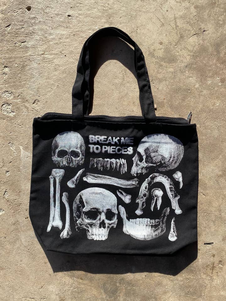 "Break Me To Pieces," Screenprinted Tote Bag with Zipper Pockets for wholesale by Daytime Friends