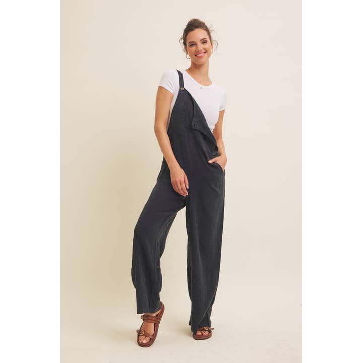 in february - Wholesale Jumpsuit - Women's - MINERAL-WASHED SUPER SOFT GAUZE WIDE-LEG OVERALL JUMPSUIT