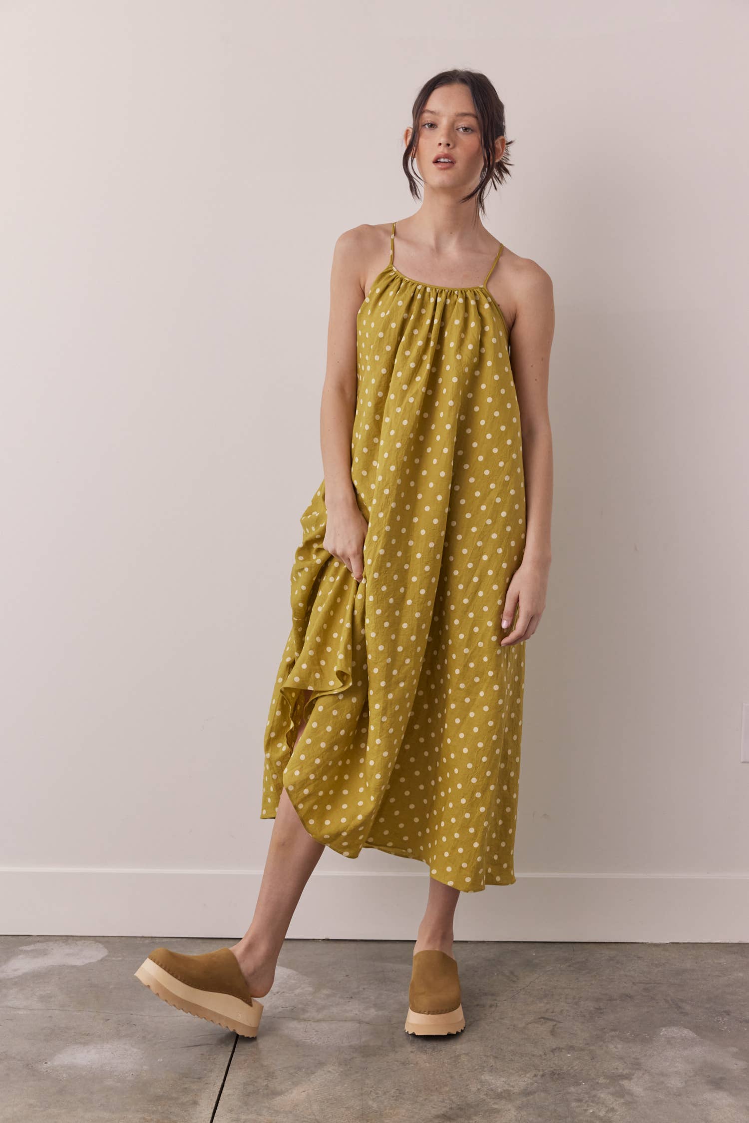 Moss Linen Polka dot back tie ankle dress for wholesale on Faire2