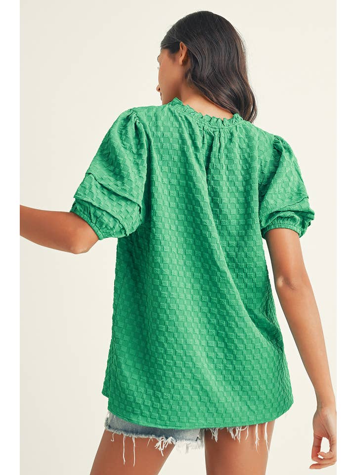 Bright Green LDC Textured Puff Short Sleeve Notched V Neck Top for wholesale on Faire