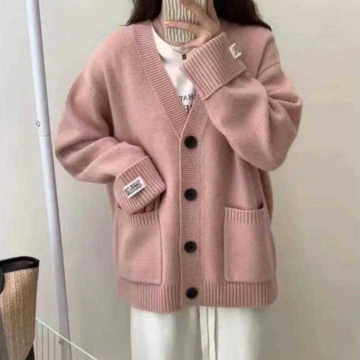 UZ Wholesale Store - Wholesale Cardigan - Women's - Vintage Loose Fit Rolled Sleeve Patch Pocket Cardigan Sweater