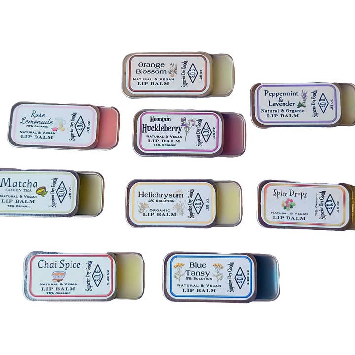 Superior Dry Goods - Wholesale Lip Balm - Natural Lip Balm Variety |10 Flavors | Luxury | Slider Tins0