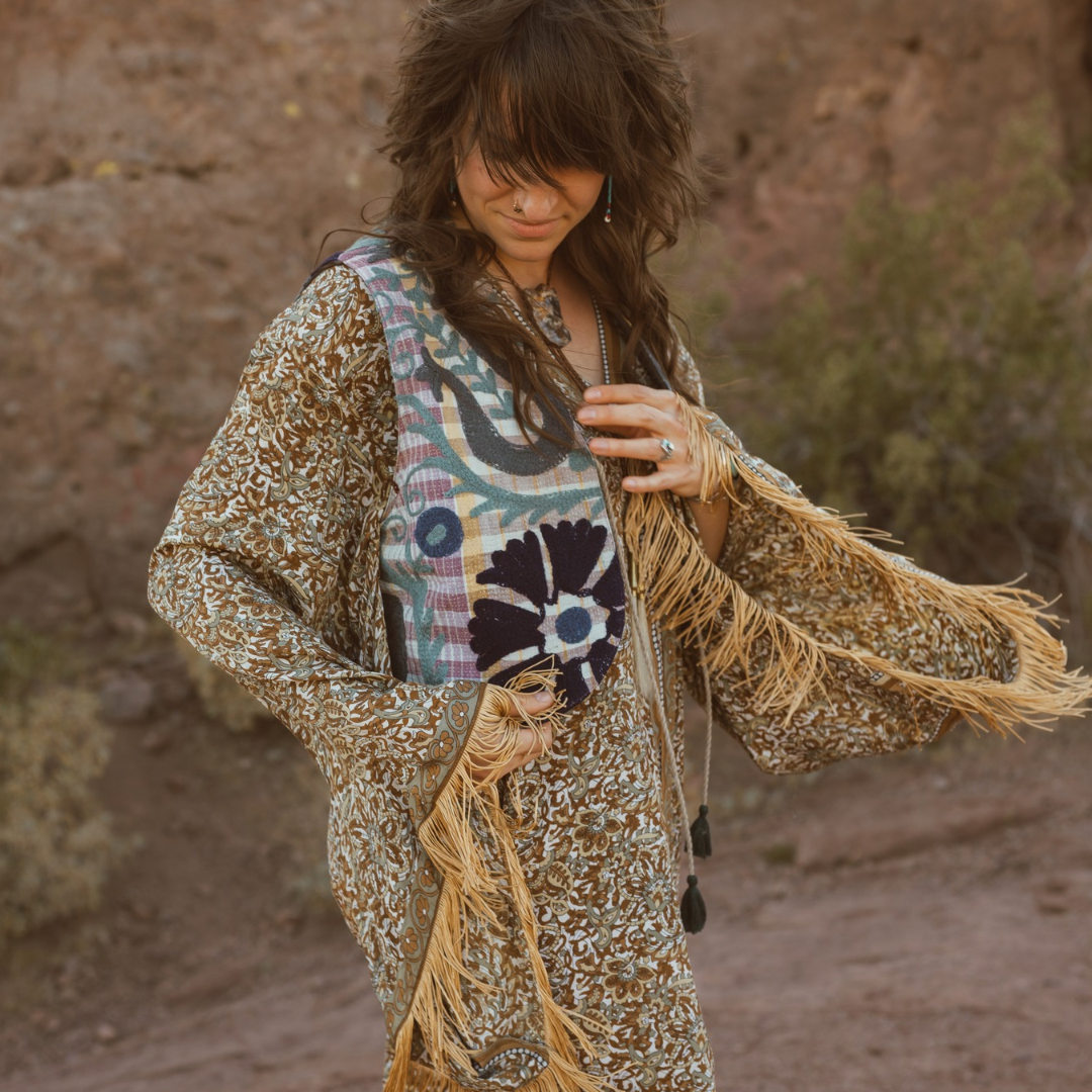 Wylder Trading Company - Wholesale Outerwear Vest - Women's - Boho Western Fringe Cowgirl Hippie Vest Leather Kantha1