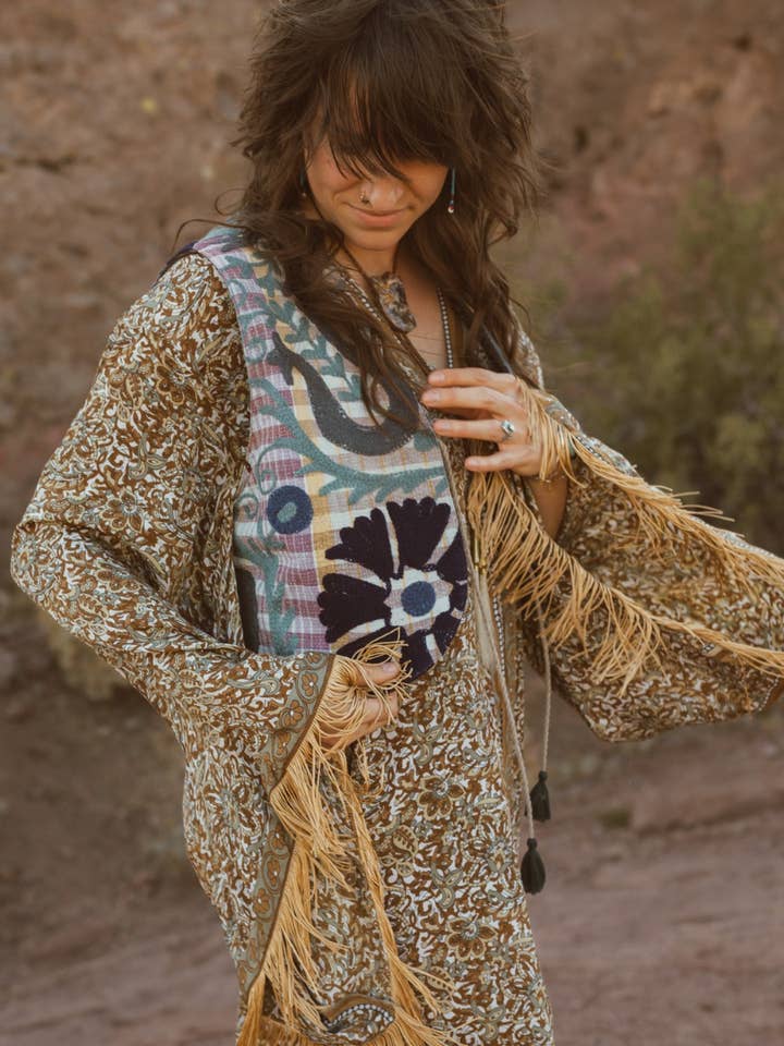 Wylder Trading Company - Wholesale Outerwear Vest - Women's - Boho Western Fringe Cowgirl Hippie Vest Leather Kantha1