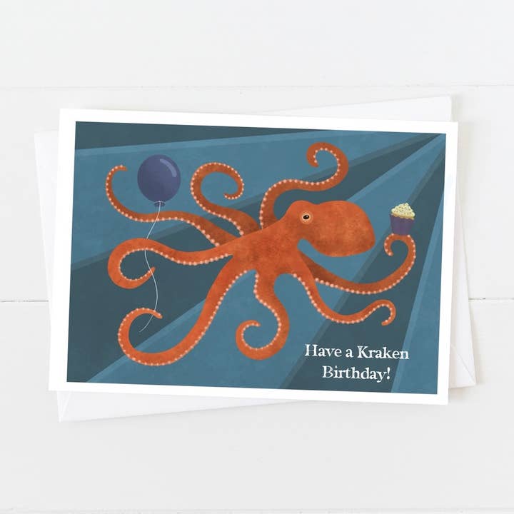 Giant Pacific Octopus Birthday Notecard for wholesale by Nicole Bennion Illustration