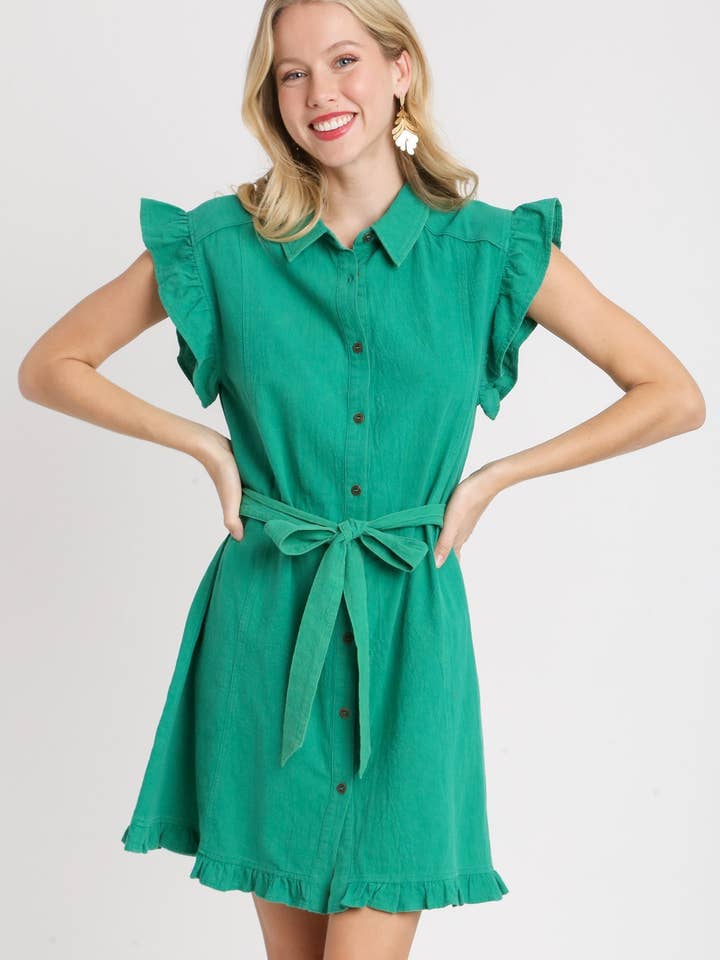 Snow Washed Collared, Button Down Ruffle Short Sleeve Dress for wholesale by Vanilla Monkey