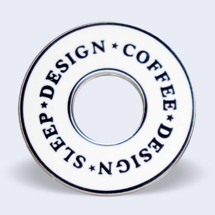 Design and Coffee hard enamel pin, White graphic design pin for wholesale by Creative Goodie