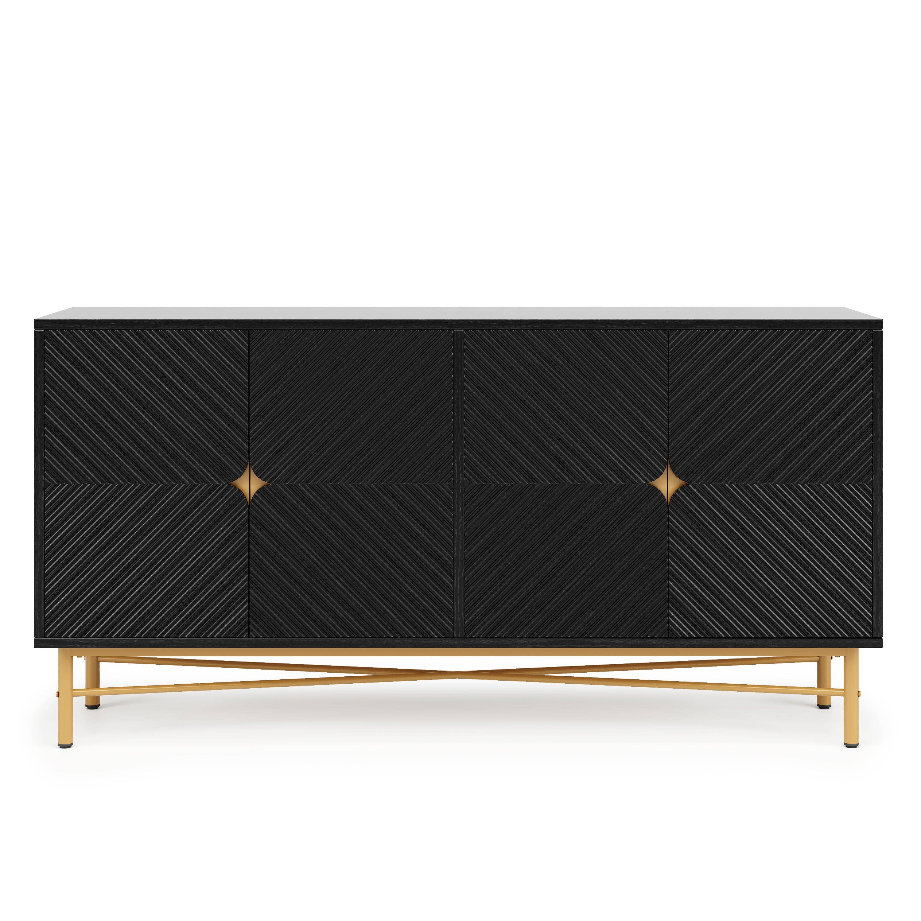 Urban Meuble - Wholesale Cabinet - Black sideboard with wood-effect embossed texture, 4 doors, luxury style with golden accent POLLENBASK7