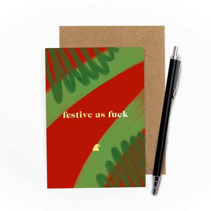 Festive As Fuck Foiled Christmas Card for wholesale by Amy Illustrates